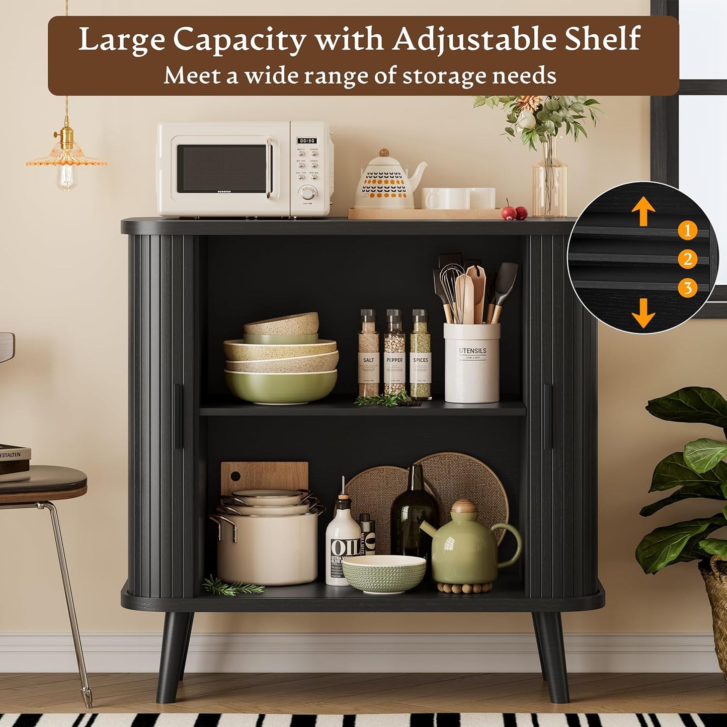 Sideboard Buffet Cabinet with Sliding Door, 31.5" Wide Fluted Modern Accent Storage Cabinet with Adjustable Shelves, Wood Coffee Bar Buffet Console Table for Kitchen, Dining Room, Living Room, Black