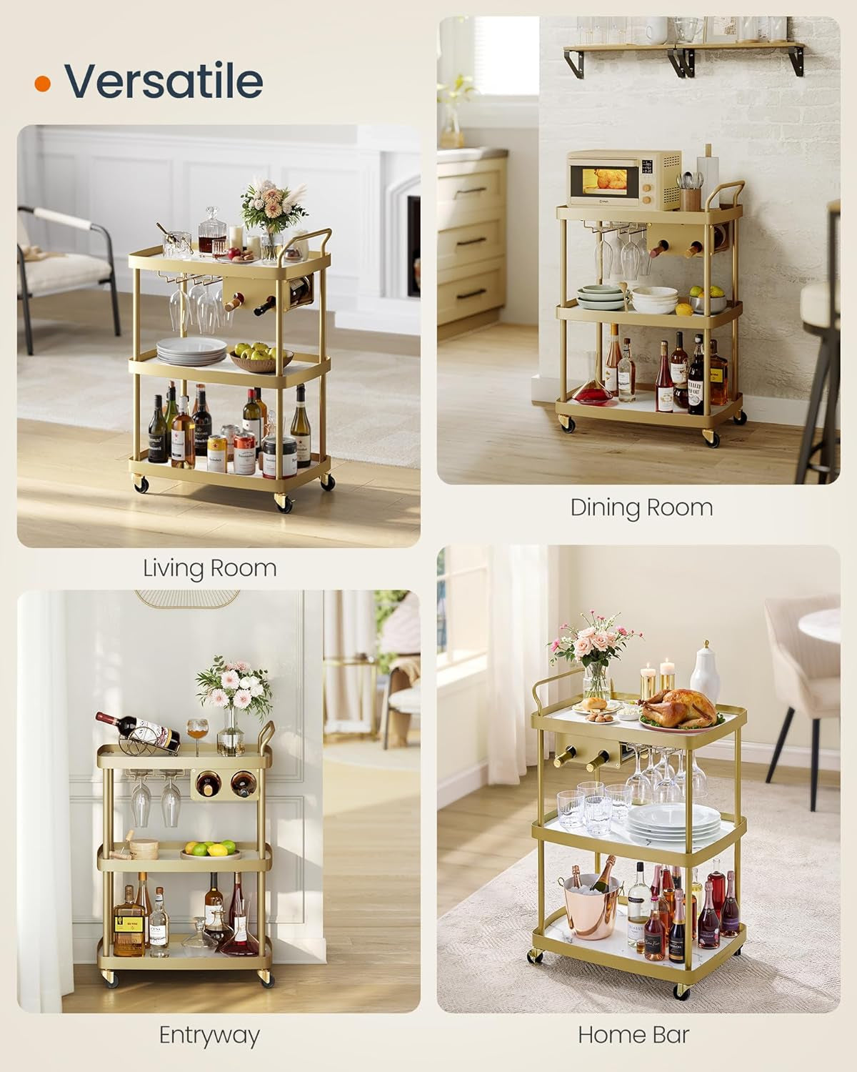 HOME Bar Cart, Home Bar Serving Cart with 3-Tier Shelf, Flexible Wine Bottle Rack and Glass Holder, Drink Beverage Cart, Microwave Cart, Kitchen, Marble White and Pale Gold ULRC291A02