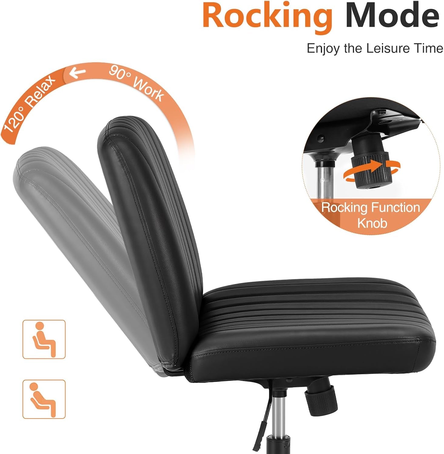 Criss Cross Chair Legged, PU Leather Armless Office Swivel Desk Chairs No Wheels, Vanity Height Adjustable Wide Seat Faux Leather Computer Task Chair for Home Bedroom, Pu-Black