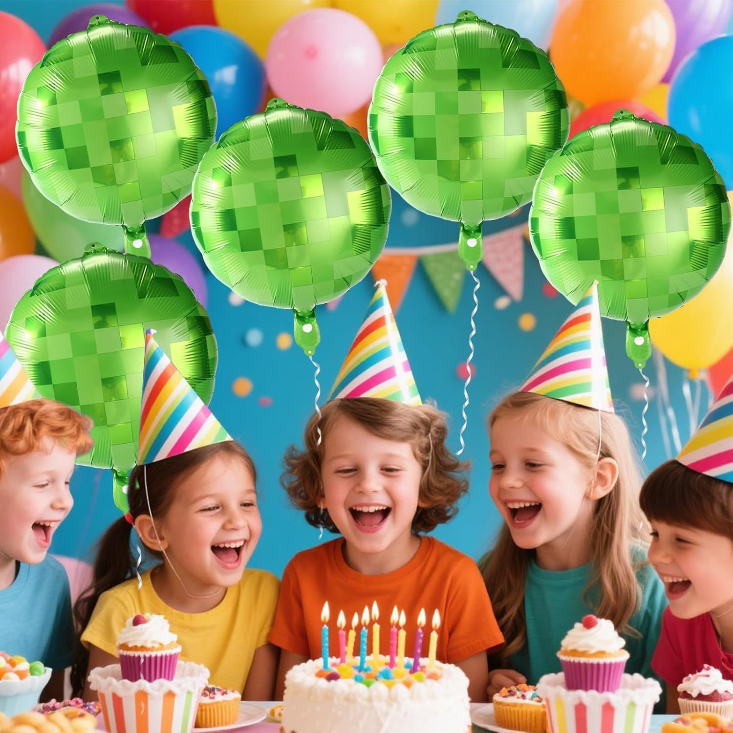 12Pcs Green Pixel Balloons, 18In Pixel Style Aluminum Film Foil Balloons with Ribbons & Straws for Theme Birthday Party Decorations