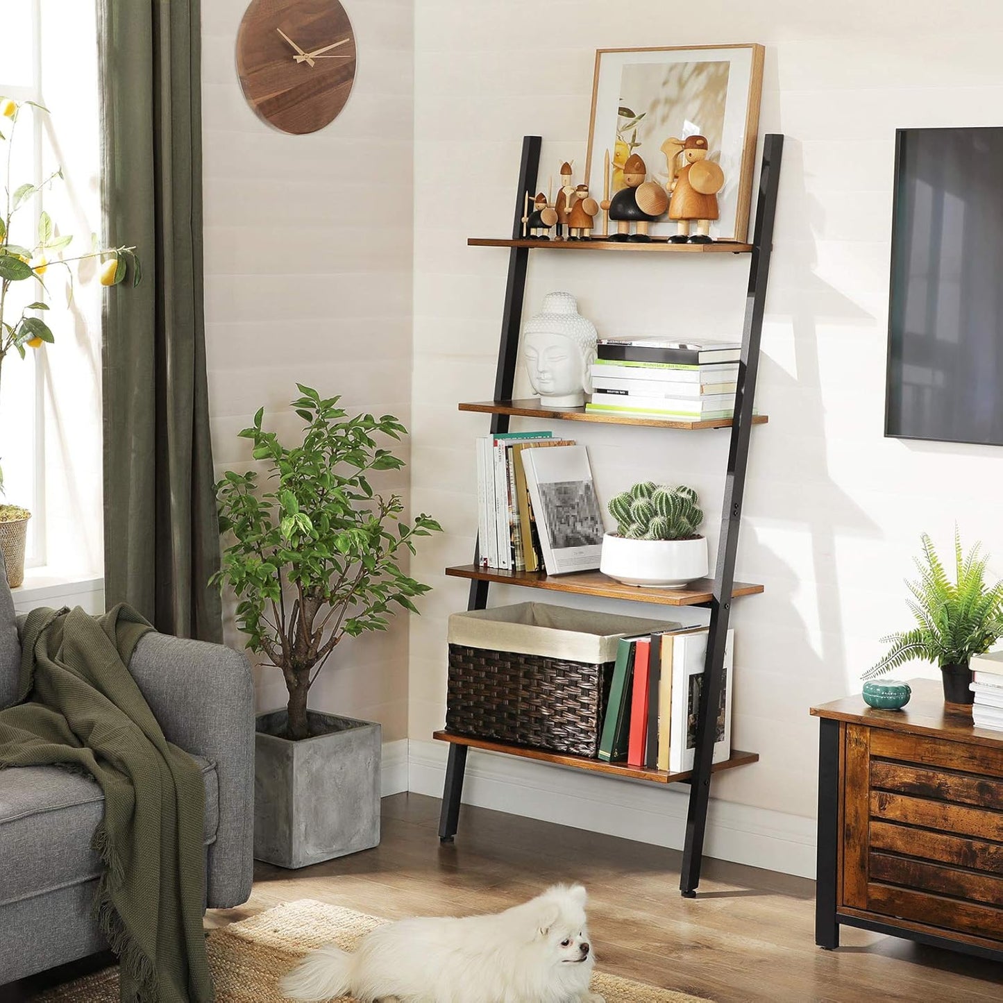 Ladder Shelf, 4-Tier Bookshelf, Storage Rack Shelves, for Living Room, Kitchen, Office, Steel, Stable, Sloping, Leaning against the Wall, Industrial, Rustic Brown and Black