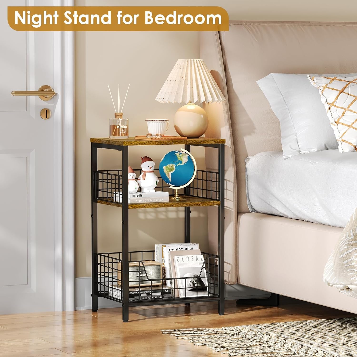 Side Table, Small End Table Record Player Stand with Storage, Vinyl Record Storage Night Stand for Living Room, Bedroom,Office(Patent Pending)(Rustic Brown & Black)