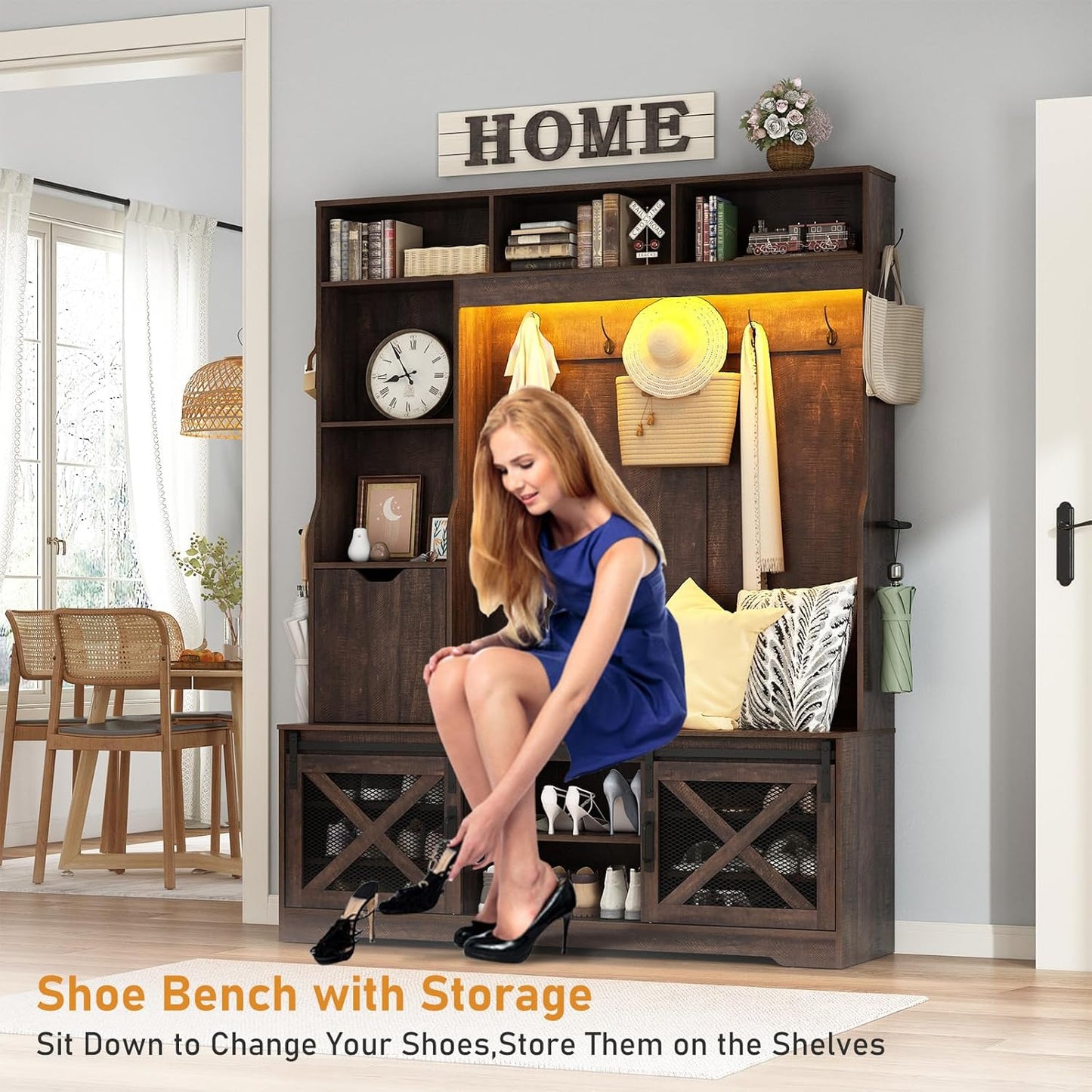 75''H LED Farmhouse Hall Tree with Bench and Shoe Storage,Entryway Bench with Coat Rack,16 Shoe Cubbies & Umbrella Holder and Sock Storage Drawer,Mudroom/Hallway Storages Cabinet(Brown)