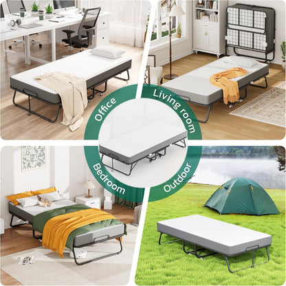Folding Bed with 5 Inch Mattress, 75” X 38” Portable Rollaway Bed with Memory Mattress and Metal Frame for Adults,Guest, Twin Size,Cot Size