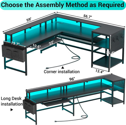 L Shaped Gaming Desk, Reversible Computer Desk, Gaming Desk with Power Outlets & LED Strip, Monitor Shelf, Keyboard Tray, Pegboard and Storage Shelves for Home Office, Black