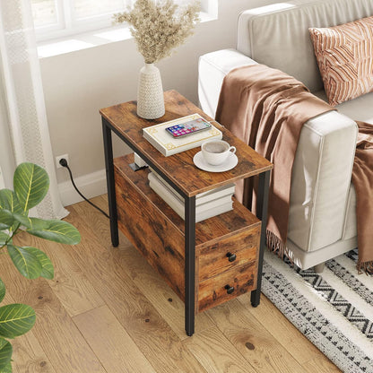 End Table with Charging Station, Narrow Side Table with 2 Drawer & USB Ports & Power Outlets, Nightstand for Small Spaces, for Living Room, Bedroom, Rustic Brown and Black BF541BZ01