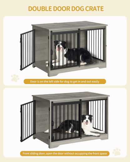 31.9" Dog Crate Furniture with Barn Door, Heavy Duty Dog Kennel Indoor with 2 Doors, Wooden Pet Cage End Table for Small Medium Dogs up to 44 Lb, Anti-Chew Anti-Escape, Rustic Brown DFC83601B