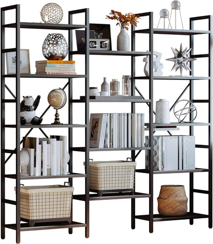 Bookcases and Bookshelves Triple Wide 5 Tiers Industrial Bookshelf, Large Etagere Bookshelf Open Display Shelves with Metal Frame for Living Room Bedroom Home Office