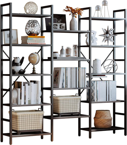 Bookcases and Bookshelves Triple Wide 5 Tiers Industrial Bookshelf, Large Etagere Bookshelf Open Display Shelves with Metal Frame for Living Room Bedroom Home Office