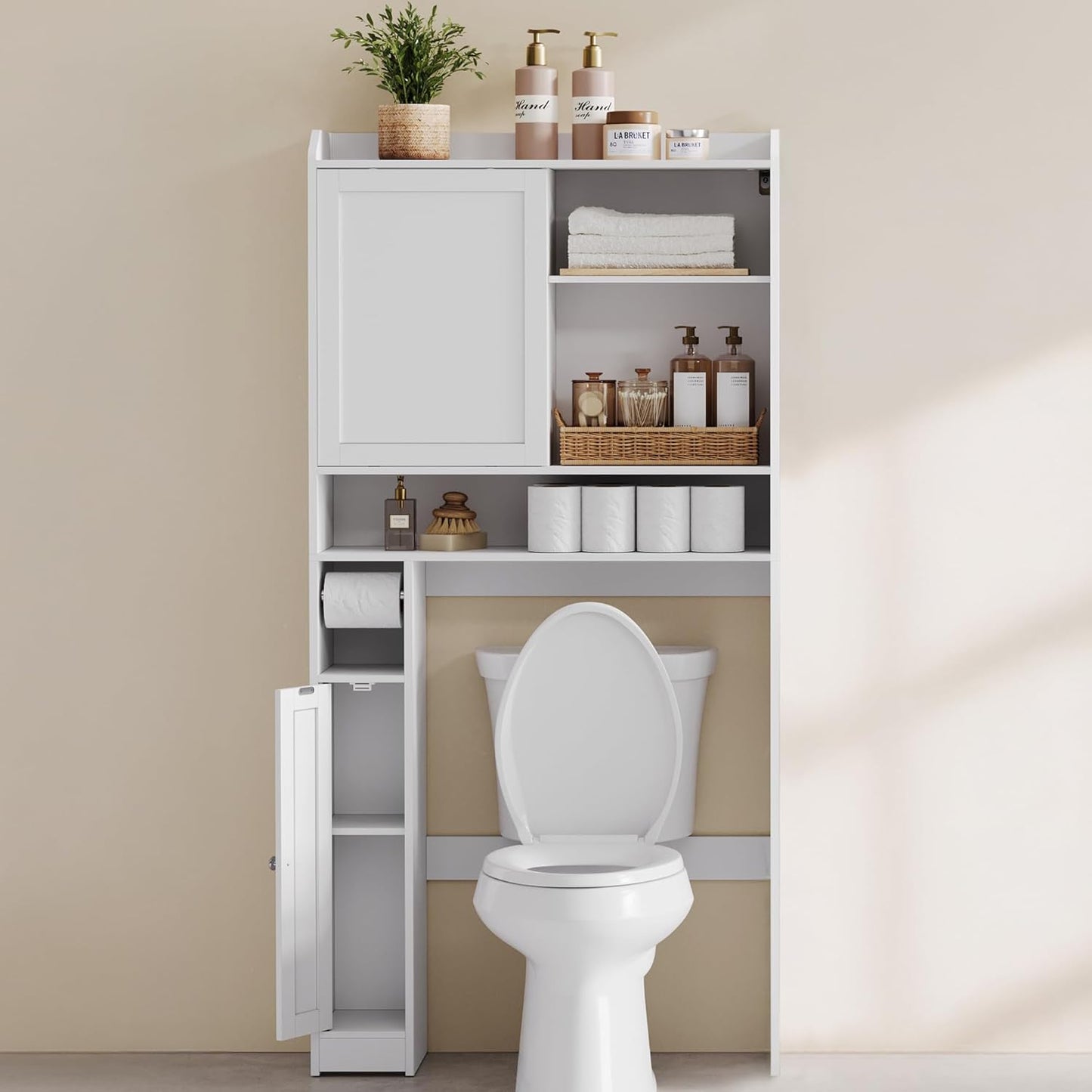 over the Toilet Storage Shelf, Bathroom Storage Cabinet with Sliding Door, Adjustable Shelves, Toilet Paper Holder, Space-Saving, Modern, 9.8 X 32.7 X 66.9 Inches, Cloud White UBTS018W01