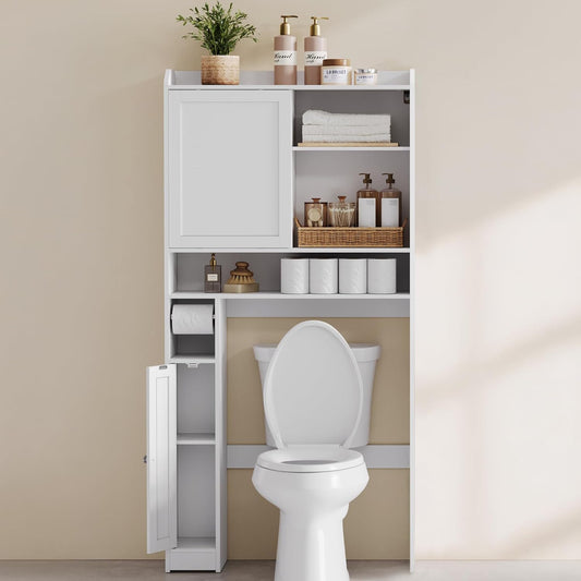 over the Toilet Storage Shelf, Bathroom Storage Cabinet with Sliding Door, Adjustable Shelves, Toilet Paper Holder, Space-Saving, Modern, 9.8 X 32.7 X 66.9 Inches, Cloud White UBTS018W01