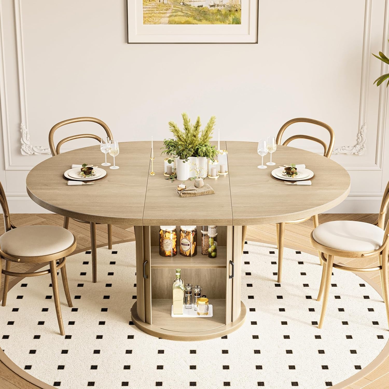 47-63In Extendable round Dining Table for 4-8 Modern round Kitchen Table Circle Dining Table with 2-Tier Storage Shelf, Space Saving Expandable Wood Oval for Living Room Walnut Oak