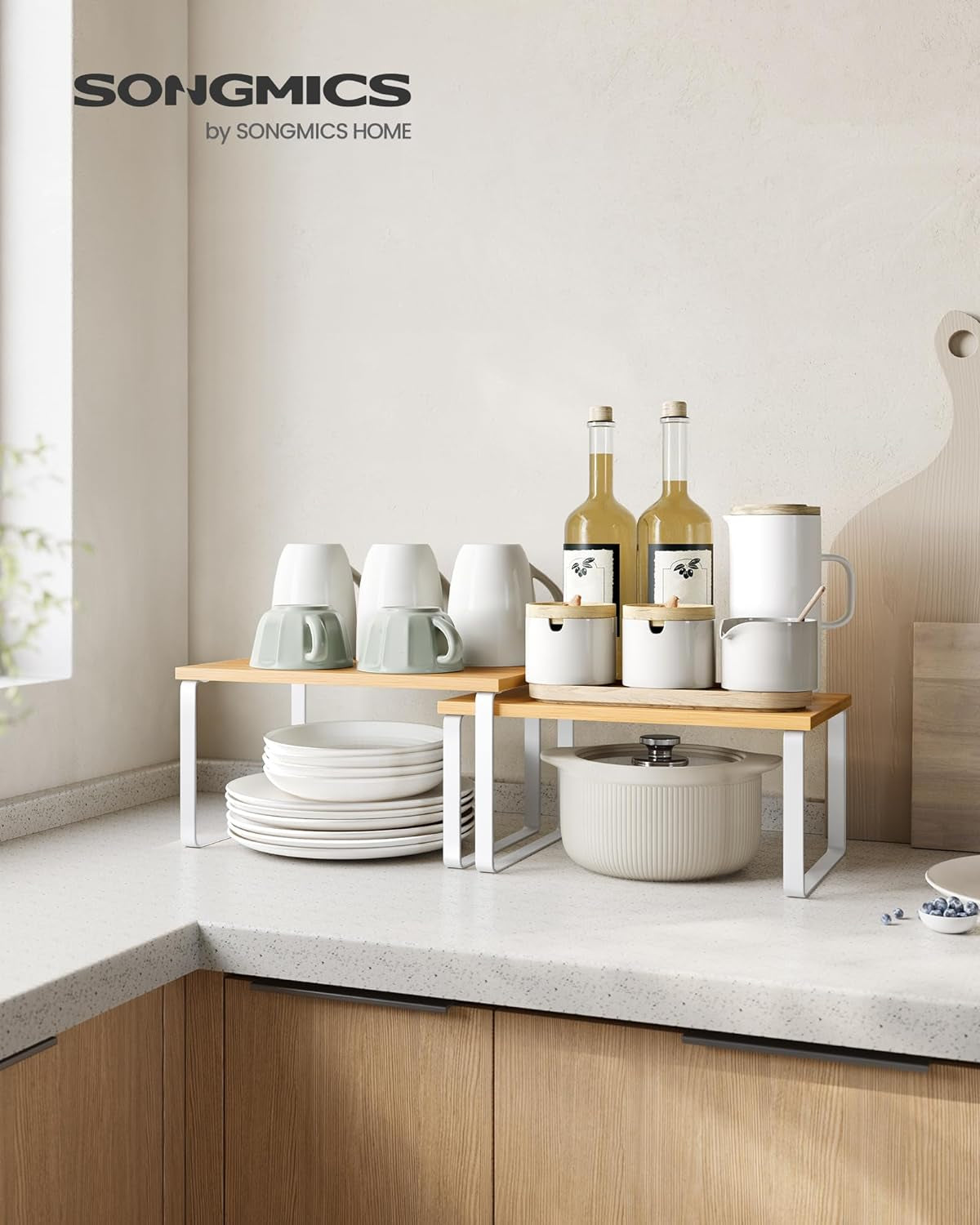 Cabinet Organizer Shelf, Set of 4 Kitchen Counter Shelves, Kitchen Storage, Spice Rack, Stackable, Expandable, Metal and Engineered Wood, Cloud White and Natural Beige UKCS010N01