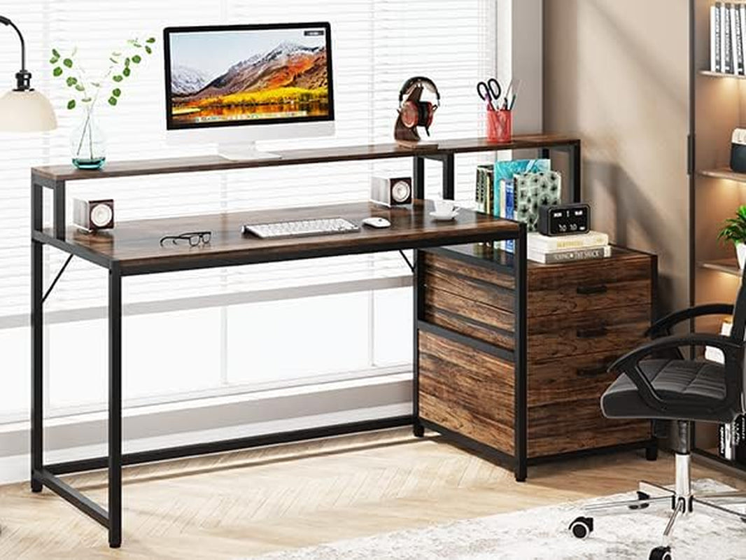 63 Inch Computer Desk with File Drawer Cabinet, Ergonomic Office Desk with Monitor Stand, Industrial Computer Table with Printer Space, Wood PC Table Workstation Desk for Home Office