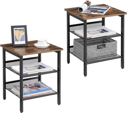 Nightstand, Set of 2 Side Tables, End Tables with Adjustable Mesh Shelves, for Living Room, Bedroom, Industrial, Stable Steel Frame, Easy Assembly, Rustic Brown and Black ULET24X