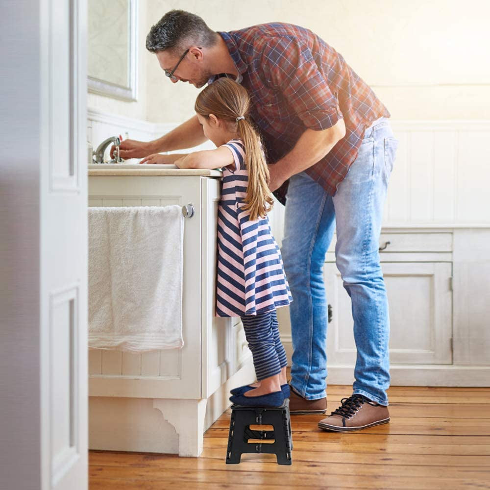 Folding Step Stool 9 Inch, Sturdy Collapsible Kitchen Step Stool Foldable for Kids, Toddlers & Adults, Non Slip Lightweight Foot Stools with Handle, Holds 300 Lbs Ideal for Bathroom Bedroom