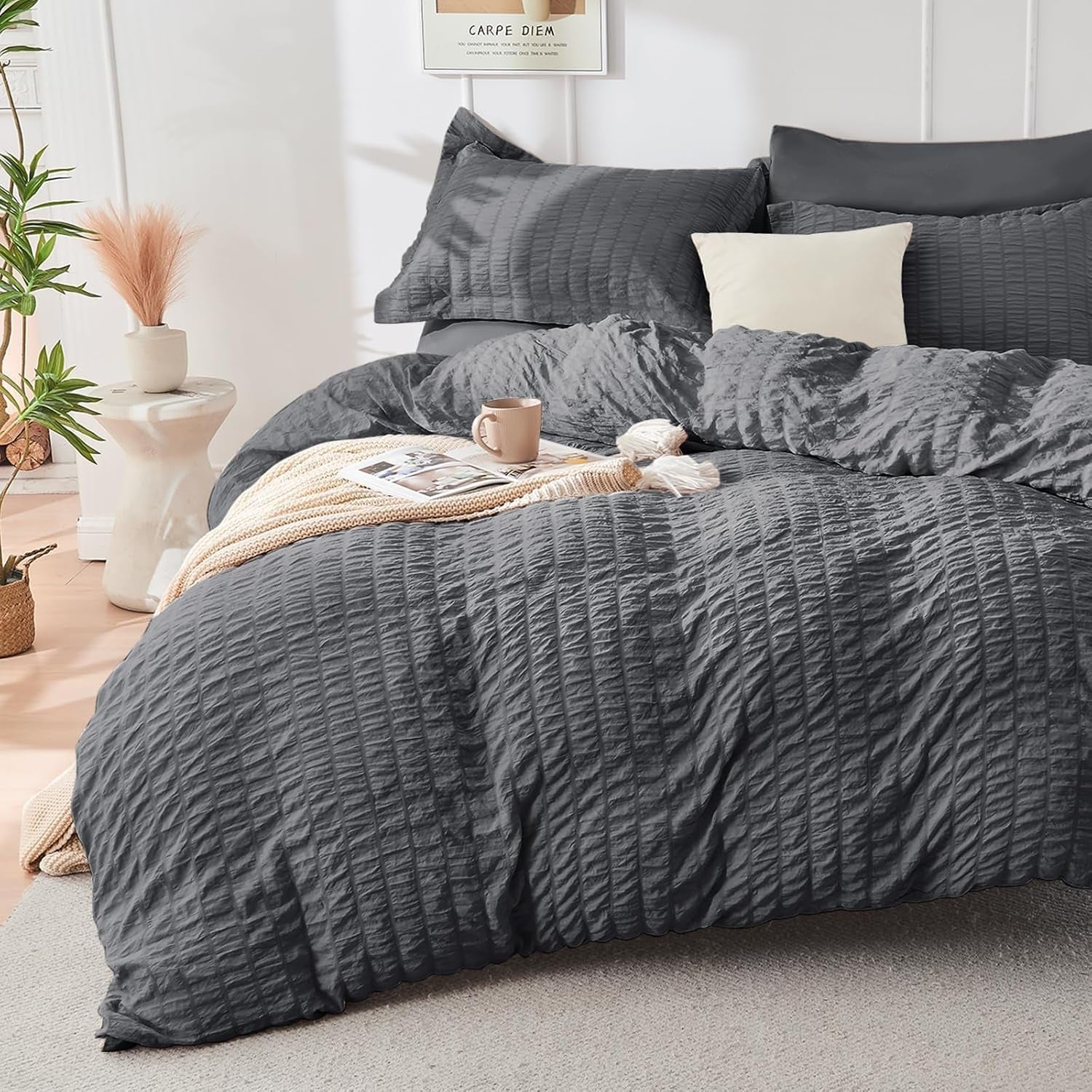 7 Piece King Size Comforter Set Seersucker, All Season Luxury Bed in a Bag for Bedroom, Bedding Set with Comforters, Sheets, Pillowcases & Shams, Dark Grey