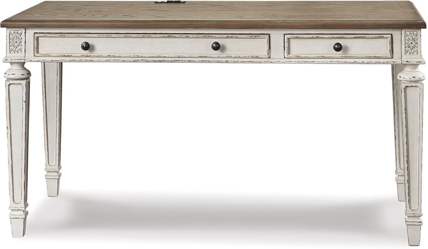 Realyn Farmhouse Home Office Desk, 2 Drawers, Drop-Down Drawer, USB Charging, Wood, 60" W X 28" D X 31" H, Chipped White and Brown