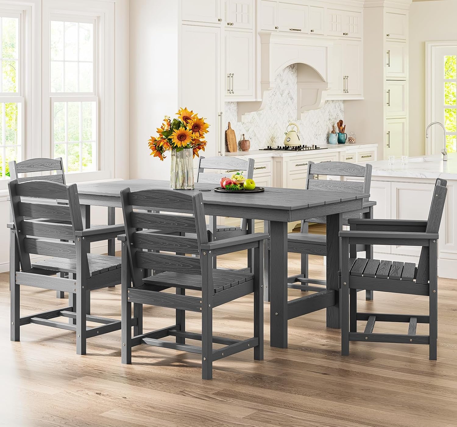 Outdoor HDPE Dining Table Set, 7-Piece Outdoor Dining Table Sets with Umbrella Hole Cut-Out Table and 6 Chairs, Gray