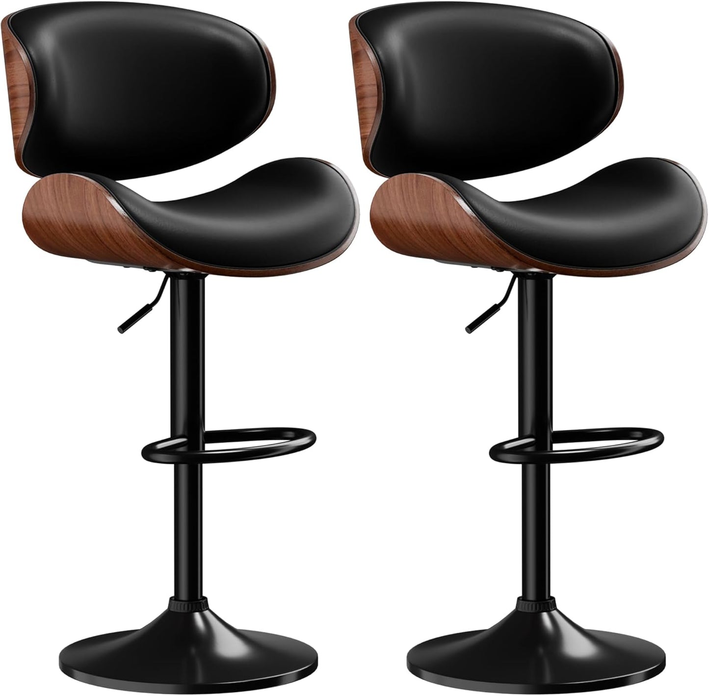 Bar Stools Set of 2, Adjustable Swivel Leather Bar Stools for Kitchen Island, Mid Century Modern Counter Height Bar Chairs Barstools with Back & Footrest (Black)