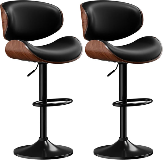 Bar Stools Set of 2, Adjustable Swivel Leather Bar Stools for Kitchen Island, Mid Century Modern Counter Height Bar Chairs Barstools with Back & Footrest (Black)