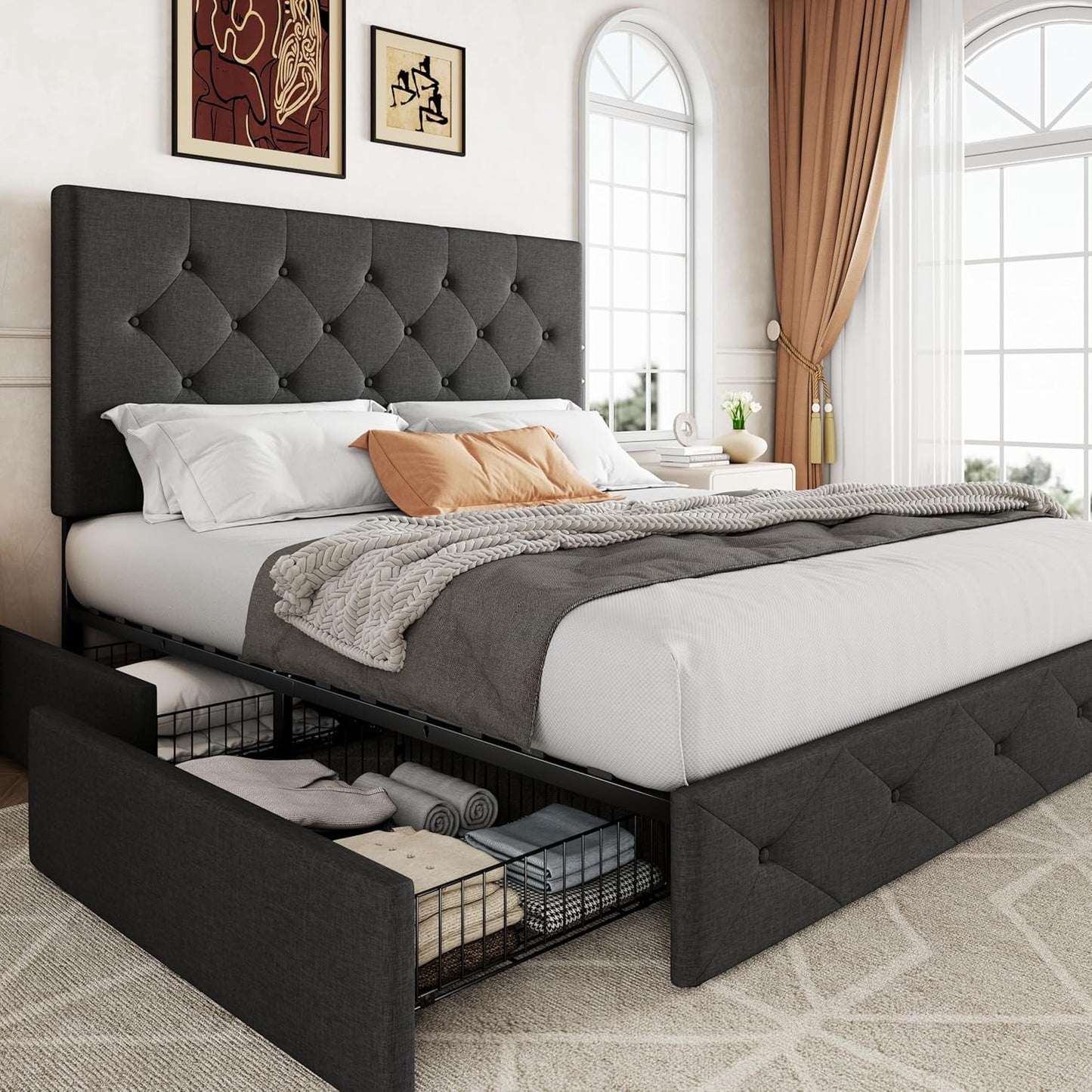 Upholstered Queen Size Platform Bed Frame with 4 Storage Drawers and Headboard, Diamond Stitched Button Tufted, Mattress Foundation with Wooden Slats Support, No Box Spring Needed, Dark Grey