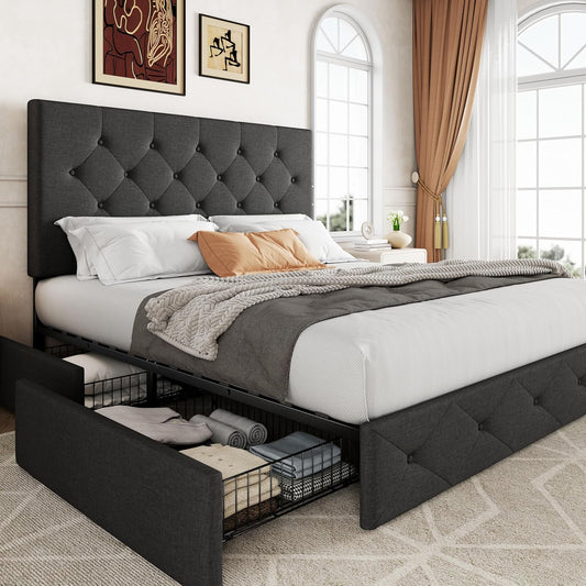 Upholstered Queen Size Platform Bed Frame with 4 Storage Drawers and Headboard, Diamond Stitched Button Tufted, Mattress Foundation with Wooden Slats Support, No Box Spring Needed, Dark Grey