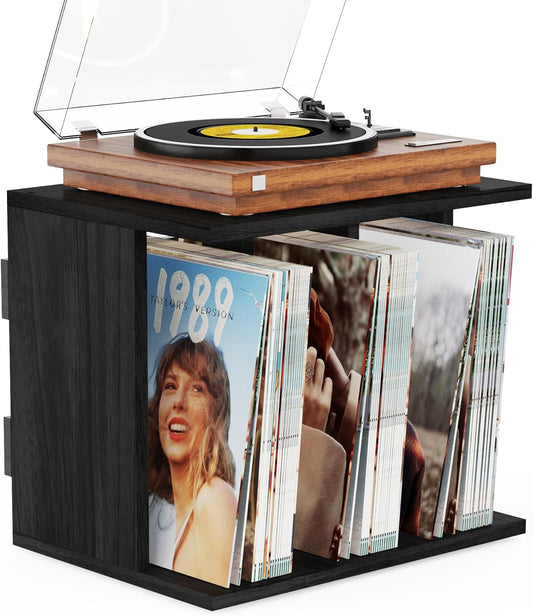 Vinyl Record Storage, Record Player Stand Wall Mount up to 80-100 Albums, 3-Compartment Vinyl Record Holder, Black