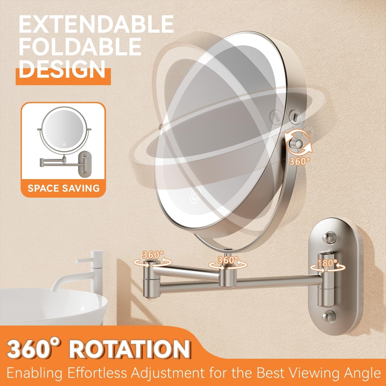 1X/30X Wall Mounted Lighted Makeup Mirror, 8" 3200 Mah Rechargeable Double-Sided Magnifying Mirror, Touch Dimmable 3 Color Lights, 360° Rotating Foldable 14.5" Extension Arm, Brushed Nickel