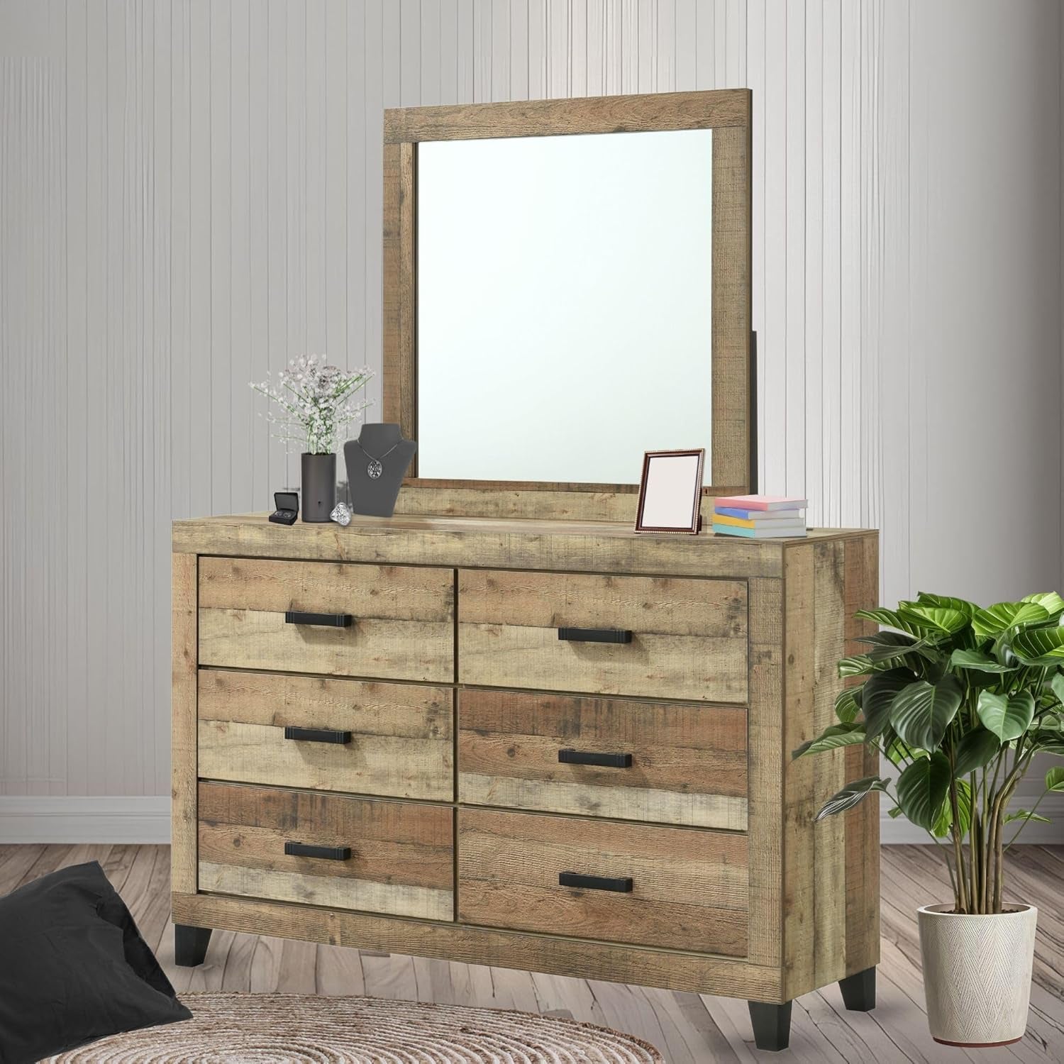 6-Piece Antique Natural King Size Bedroom Set - Bed, Dresser, Mirror, Chest and 2 Nightstands