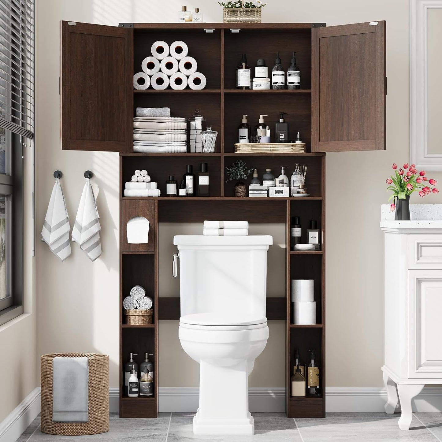 Over the Toilet Storage Cabinet, Farmhouse Storage Cabinet over Toilet with 2 Barn Doors ，Toilet Paper Holder Stand，Home Space-Saving Toilet Rack, for Laundry, Restroom, Bathroom.Espresso