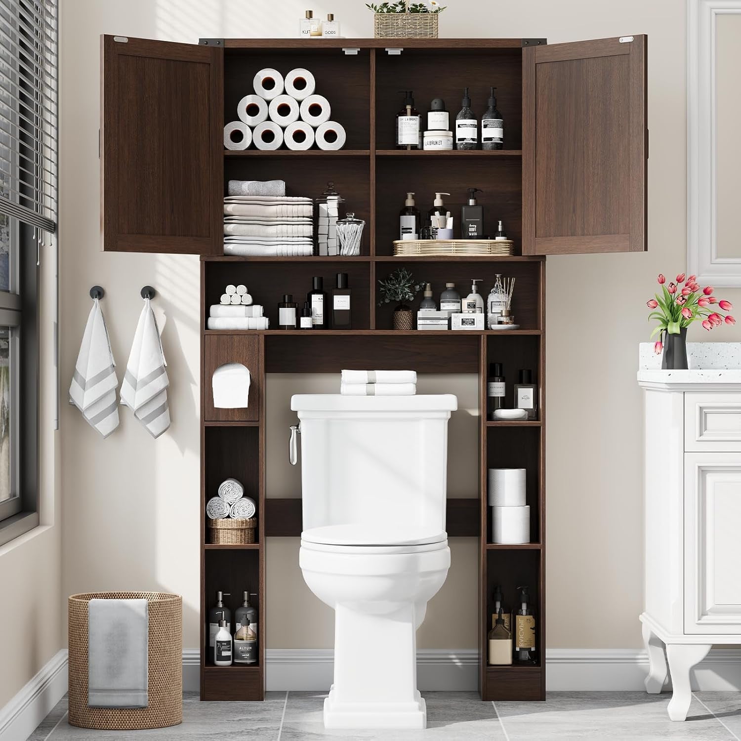 Over the Toilet Storage Cabinet, Farmhouse Storage Cabinet over Toilet with 2 Barn Doors ，Toilet Paper Holder Stand，Home Space-Saving Toilet Rack, for Laundry, Restroom, Bathroom.Espresso