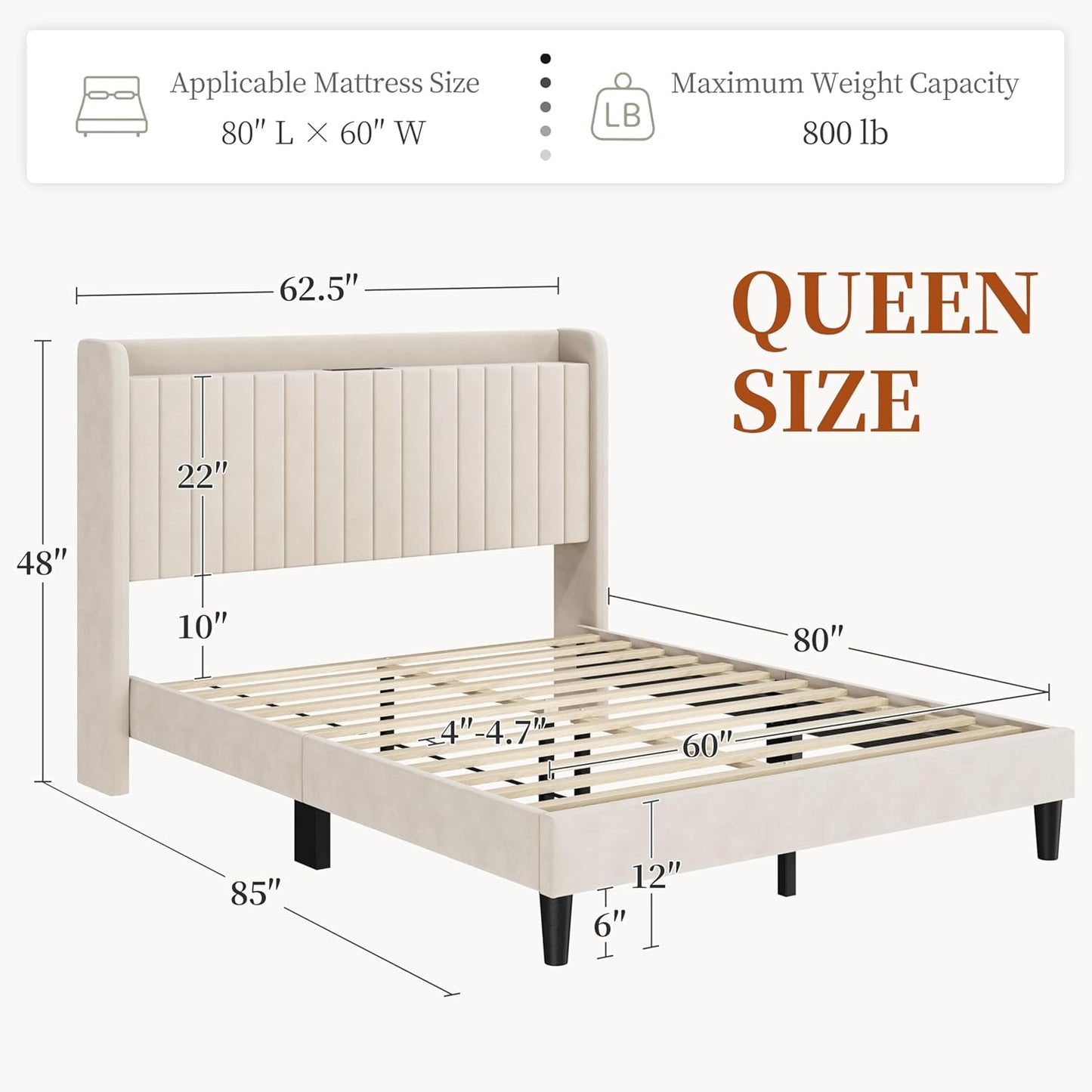 Queen Bed Frame with USB Charging Station and Storage Shelf/Upholstered Headboard Platform Bed with Wing Side/Wooden Slats Support/Noise Free/No Box Spring Needed/Easy Assembly, Beige