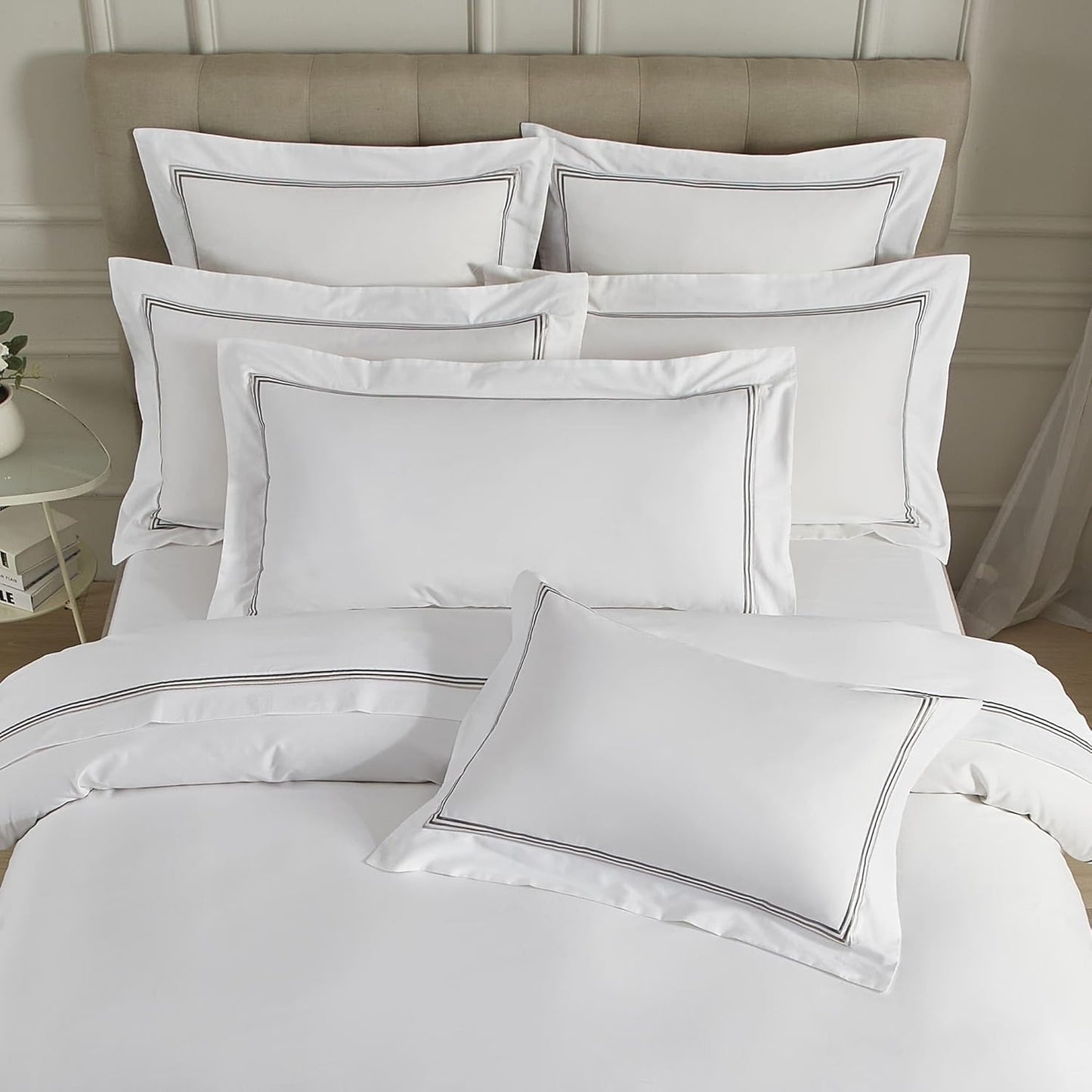 White Pillow Shams King Size Set of 2, 100% Cotton Luxury Hotel 3-Lines Embroidered Pillowcases, 400TC Sateen Weave Decorative Pillow Cases with Envelope Closure for Bedding, 20X36 Inches