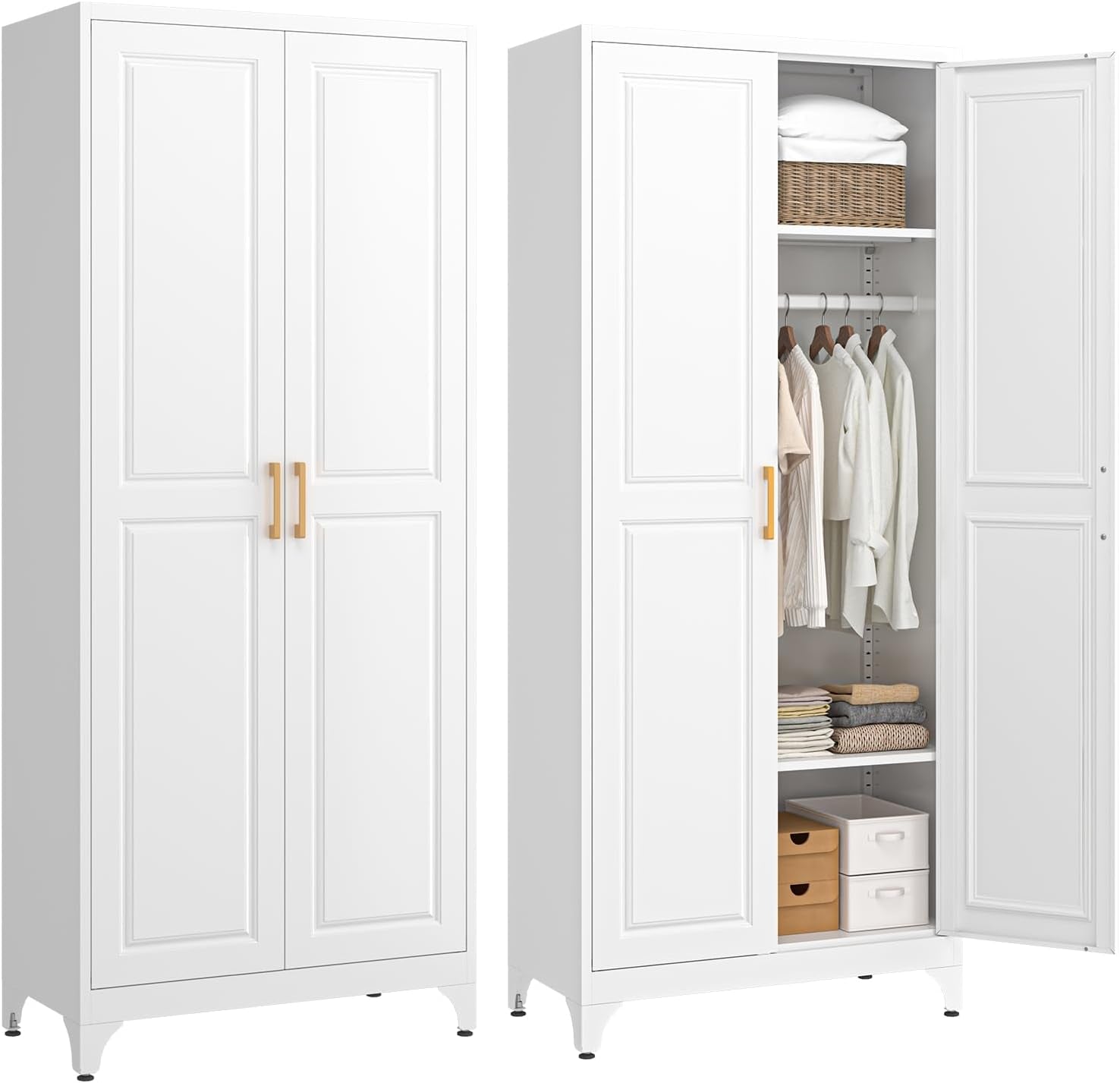 Metal Wardrobe Cabinet with Hanging Rod, 71" Tall Armoire Wardrobe Closet with 2 Doors and Adjustable Shelves, White Clothing Storage Cabinets for Bedroom, Laundry Room, Cloak Room