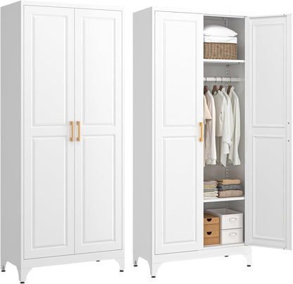 Metal Wardrobe Cabinet with Hanging Rod, 71" Tall Armoire Wardrobe Closet with 2 Doors and Adjustable Shelves, White Clothing Storage Cabinets for Bedroom, Laundry Room, Cloak Room