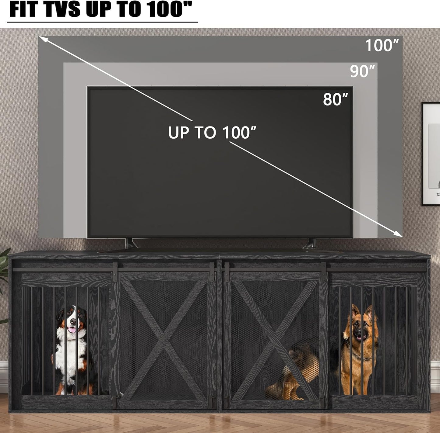 94.5" XXXL Dog Crate Furniture for 2 Large Dogs, Heavy Duty Double Dog Cage Extra Large Breed, 35.4" Tall Thick Wooden Dog Kennel TV Stand with Divider, Black
