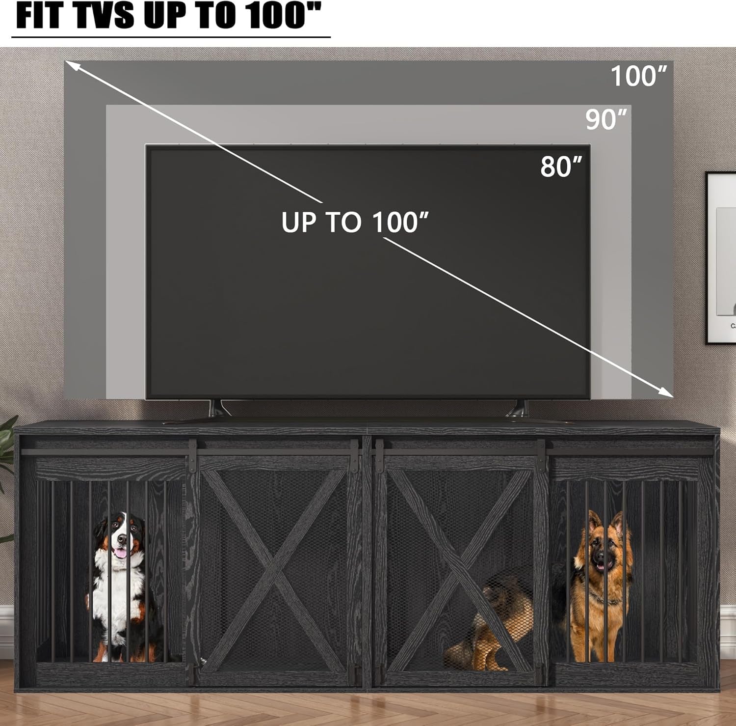 94.5" XXXL Dog Crate Furniture for 2 Large Dogs, Heavy Duty Double Dog Cage Extra Large Breed, 35.4" Tall Thick Wooden Dog Kennel TV Stand with Divider, Black
