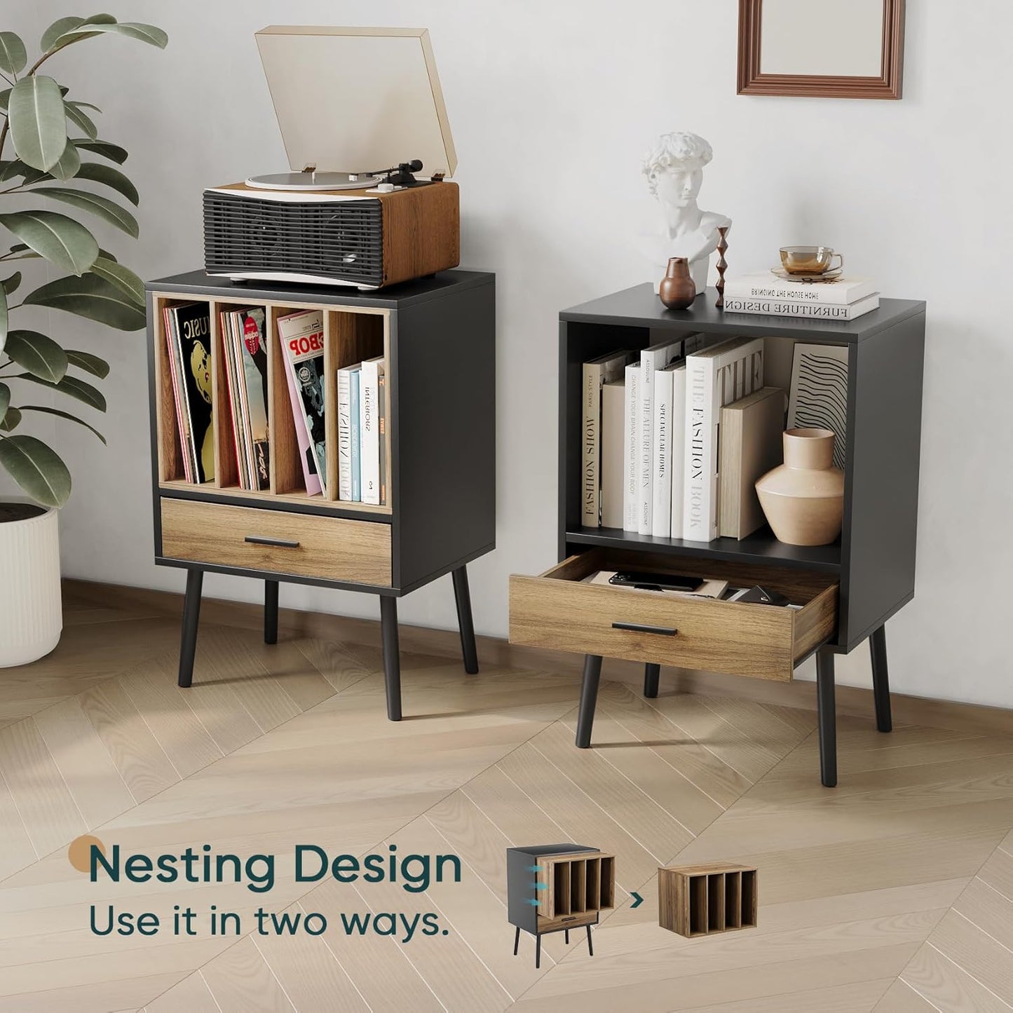 Record Player Stand with Nesting Vinyl Storage Crate, Record Player Table with a Drawer and Solid Wood Legs, Side End Table for Turntables for Living Room Bedroom