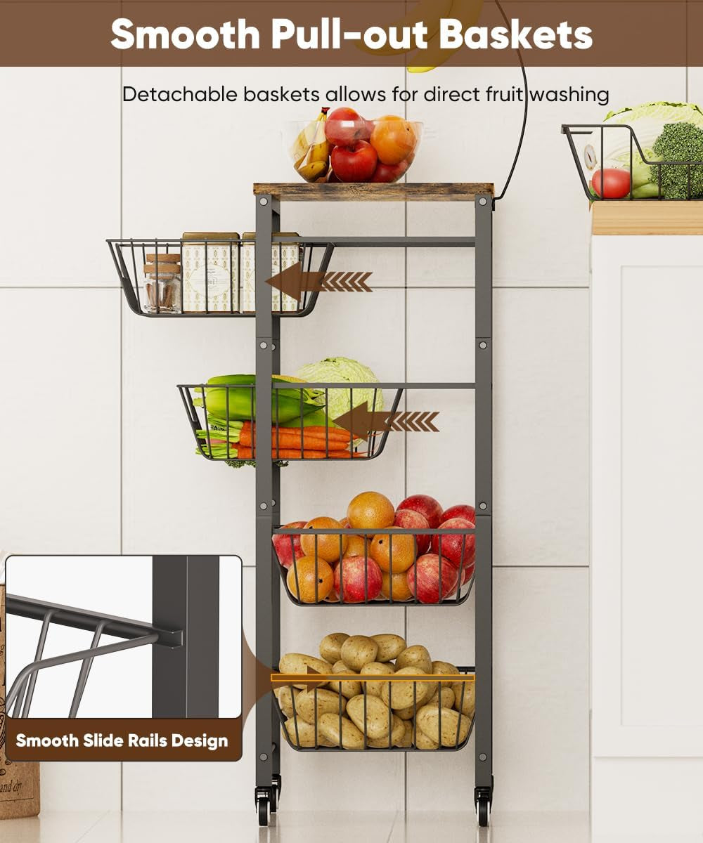 Fruit Vegetable Storage Cart for Kitchen, 5-Tier Vegetable Stand Rack with Pull-Out Fruit Baskets, Rolling Snack Cart with Wood Top & Banana Holder for Pantry, Living Room, Bathroom, Black