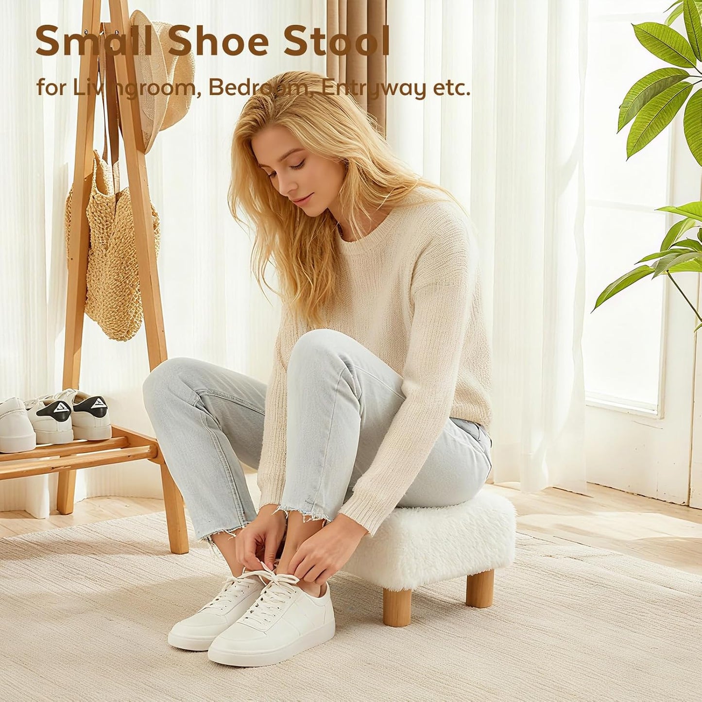 Small Foot Stool Ottoman, Sherpa Footstool Ottoman Foot Rest for Couch, Rectangle Footstools and Ottomans Small for Living Room, Entryway and Bedroom (White)