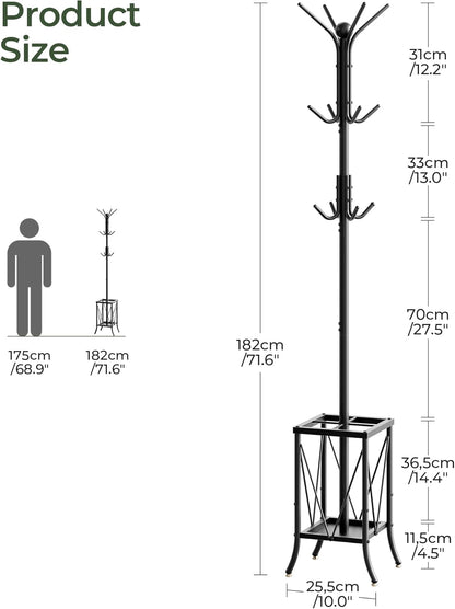 Coat Rack Freestanding, Coat Rack with Umbrella Holder, Entryway Hanger Stand With12 Hooks, Metal Hall Tree for Bags, Coats, Hats, Entryway, Hallway, Living Room, Bedroom, Office Black TYM01BB
