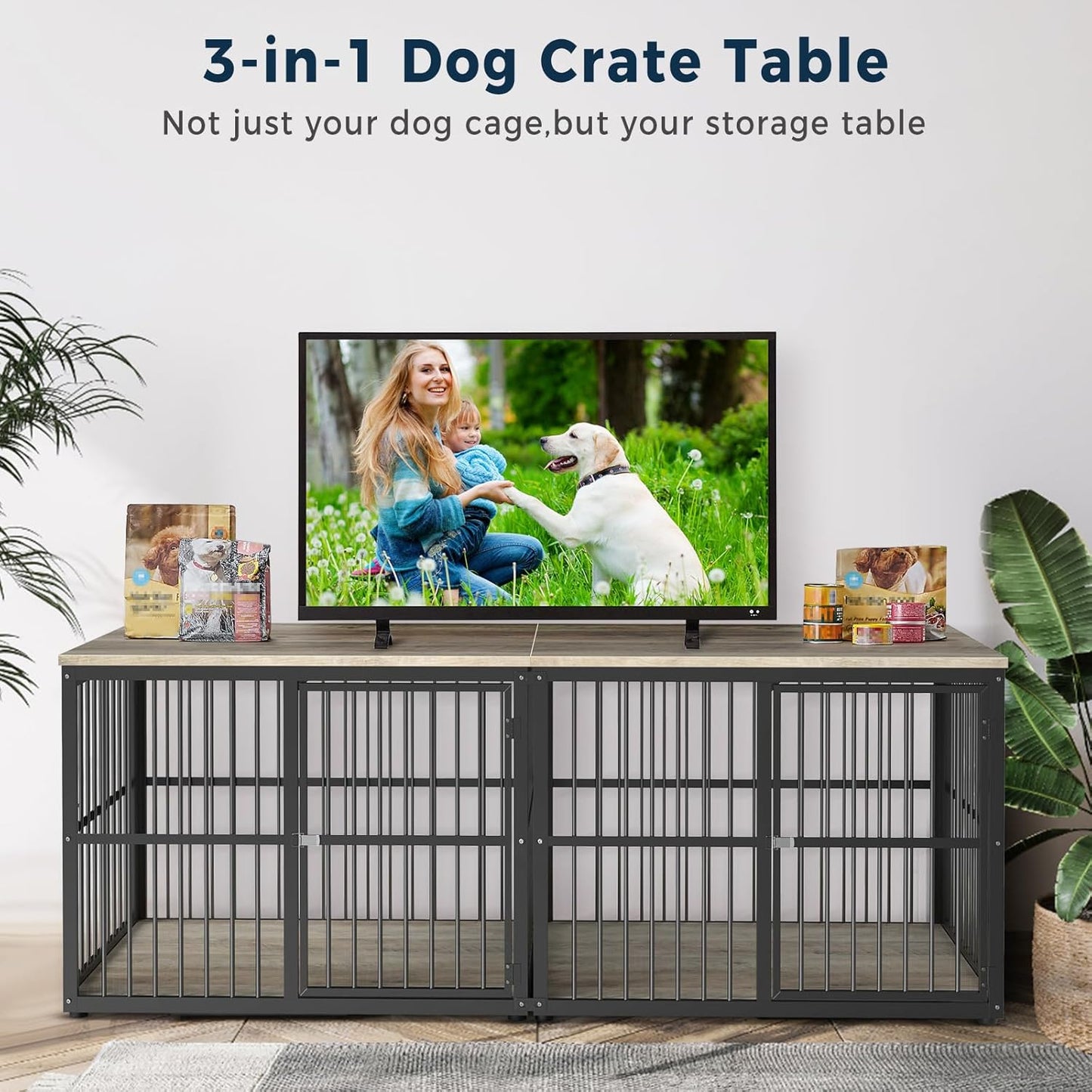 86.62'' Dog Crate Furniture Large Breed TV Stand with Double Rooms for 2 Large Medium Dogs, Wooden Indoor Kennel Crate Cage End Table with Removable Divider, Can Use Separately, Natural Beech