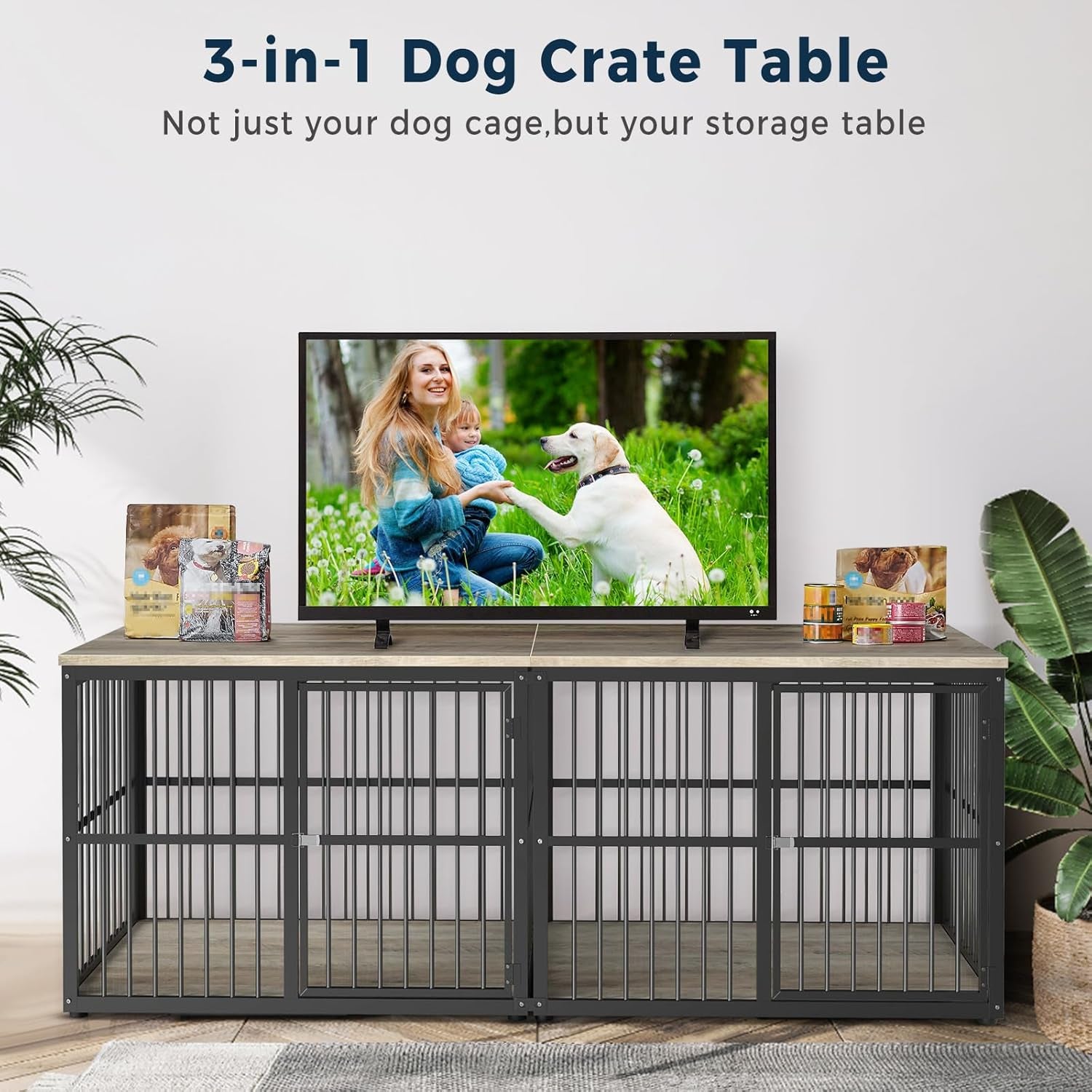 86.62'' Dog Crate Furniture Large Breed TV Stand with Double Rooms for 2 Large Medium Dogs, Wooden Indoor Kennel Crate Cage End Table with Removable Divider, Can Use Separately, Natural Beech