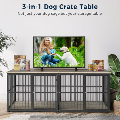 86.62'' Dog Crate Furniture Large Breed TV Stand with Double Rooms for 2 Large Medium Dogs, Wooden Indoor Kennel Crate Cage End Table with Removable Divider, Can Use Separately, Natural Beech