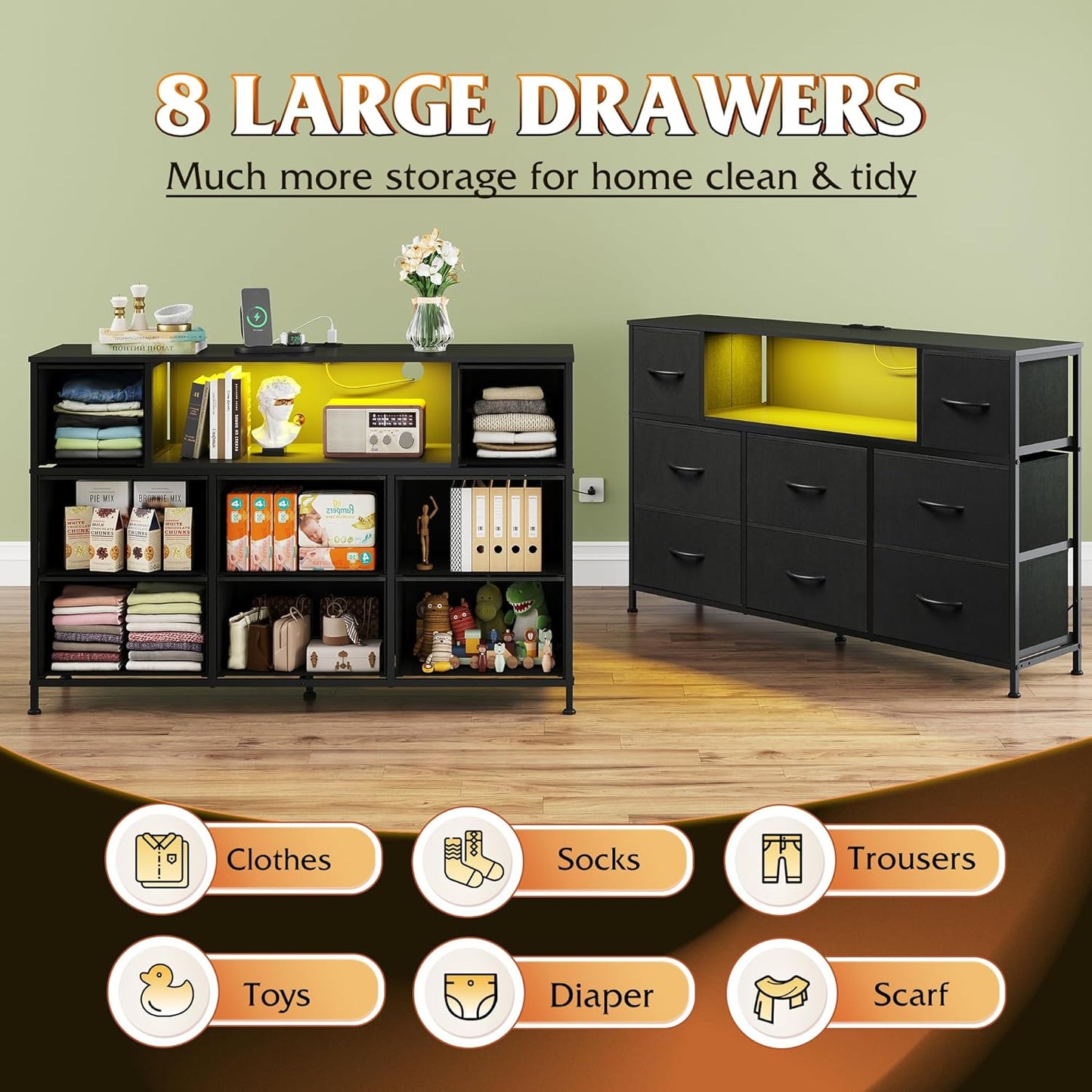Black Dresser TV Stand for 45, 50, 55 Inch TV, Entertainment Center with LED Lights & Charging Station, Chest of Drawers with 8 Fabric Drawers and Open Shelves for Living Room, Hallway, Wood Top