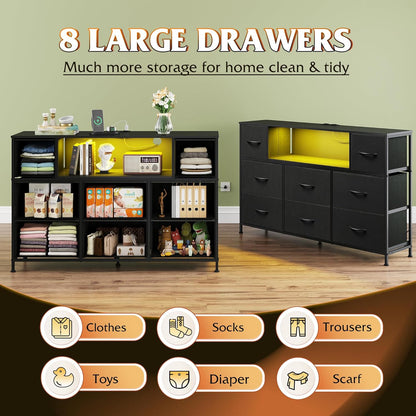 Black Dresser TV Stand for 45, 50, 55 Inch TV, Entertainment Center with LED Lights & Charging Station, Chest of Drawers with 8 Fabric Drawers and Open Shelves for Living Room, Hallway, Wood Top