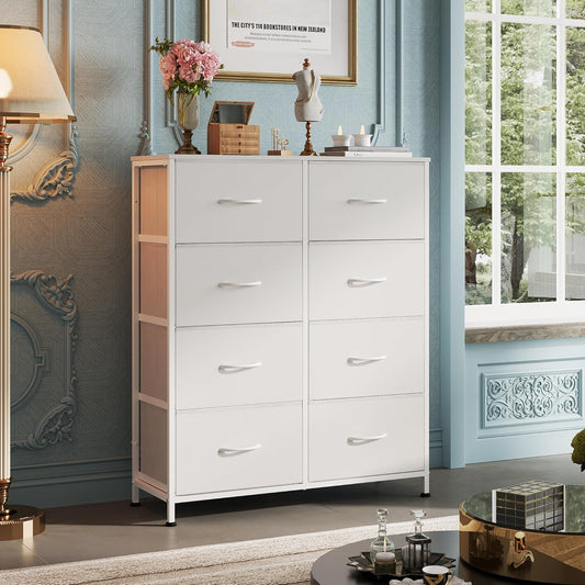 Fabric Dresser for Bedroom, Tall Dresser with 8 Drawers, Storage Tower with Fabric Bins, Double Dressers, Chest of Drawers for Closet, Playroom, Dormitory, White