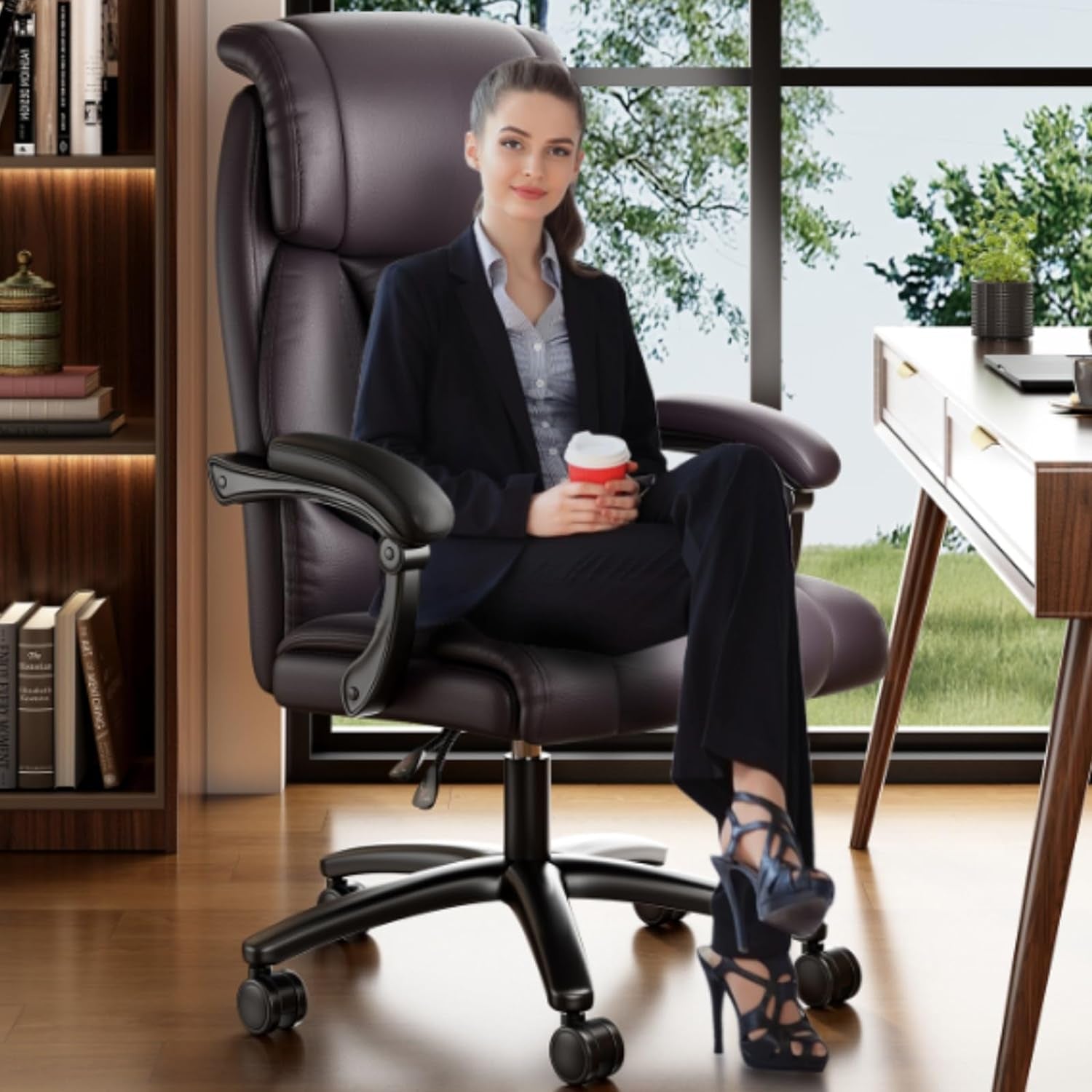 Reclining Office Chair, Executive Big and Tall Office Chair with Wide Seat, Recliner Leather High Back Computer Desk Chairs