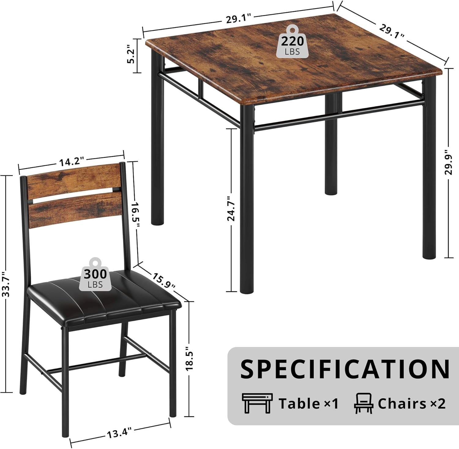 Dining Table Set for 2, Small Kitchen Table with Upholstered Chairs Dinning Table Set for Kitchen & Dining Room, Compact Dining Set for Small Spaces, Rustic Brown